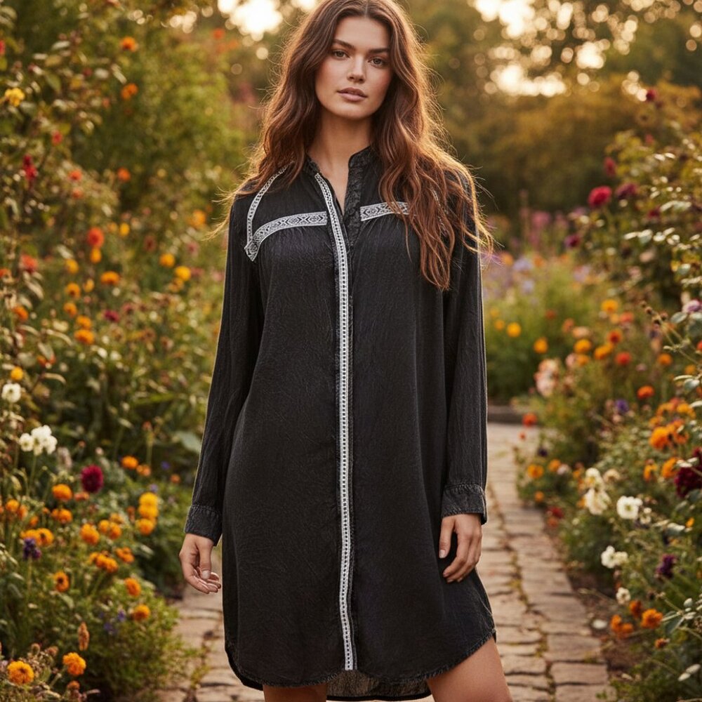 Minkpink M Shirt Dress Black Acid Wash UO Festival Boho Folk Indie Artsy Prairie